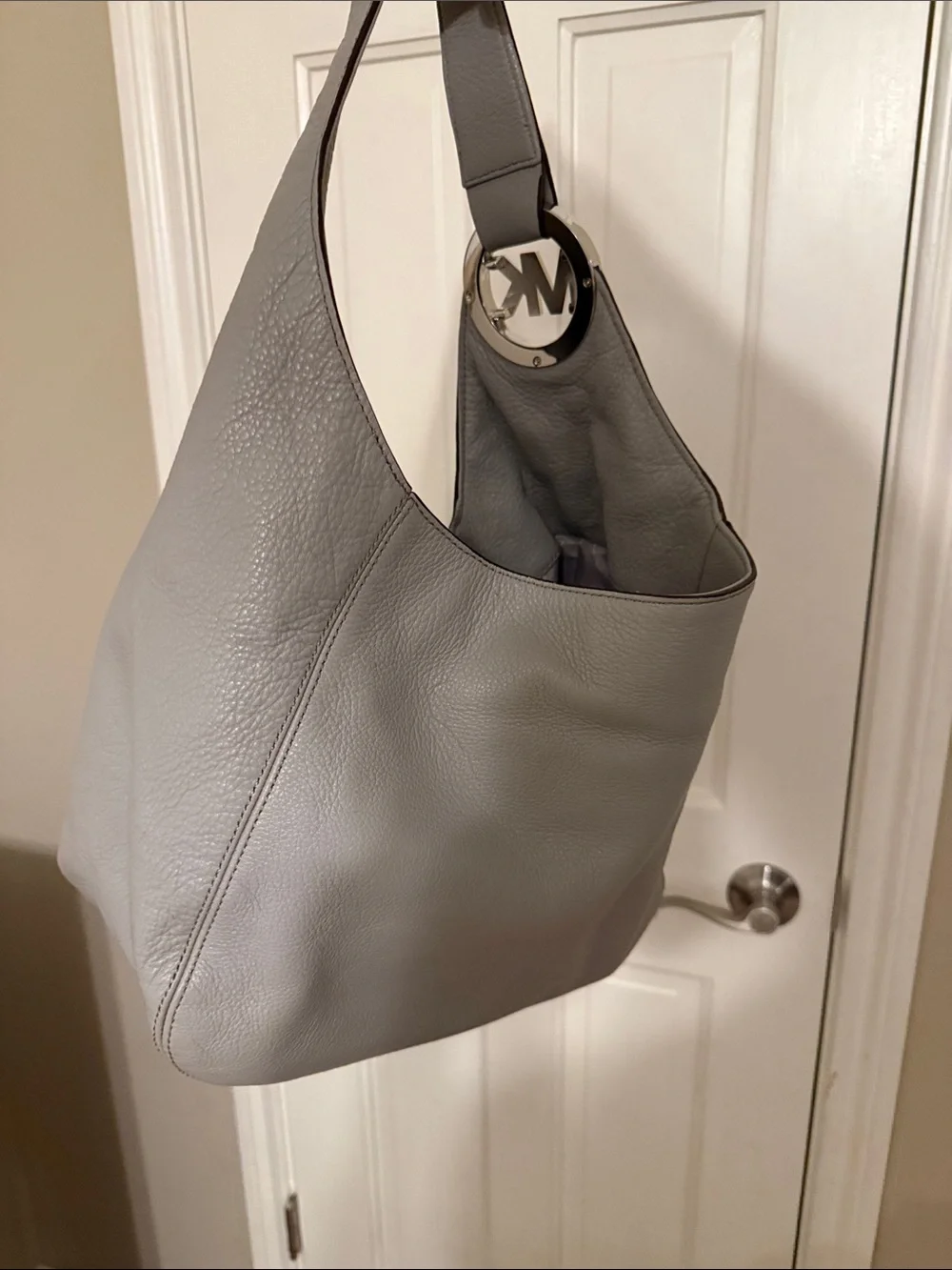 Michael Kors Light Gray Leather Hobo Bag with MK Emblem